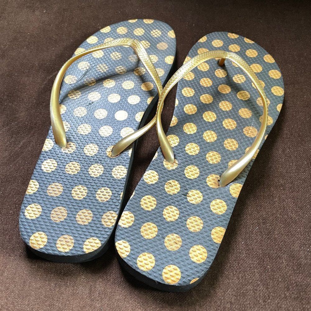 Black and Gold Rubber Flip Flops Polka Dots Size 9 to 10 US Womens